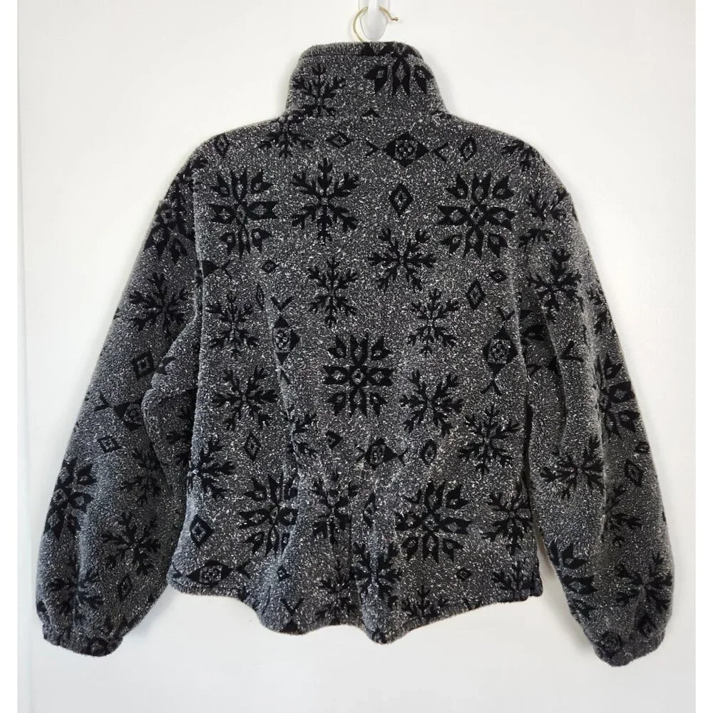 Vintage Tsunami Black Gray Snowflake And Aztec Motif Full Zip Fleece Jacket, Med